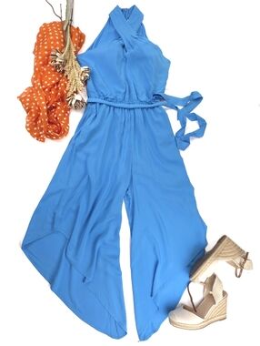 New Cato Bright Blue Halter Wide-Leg Jumpsuit Sz M